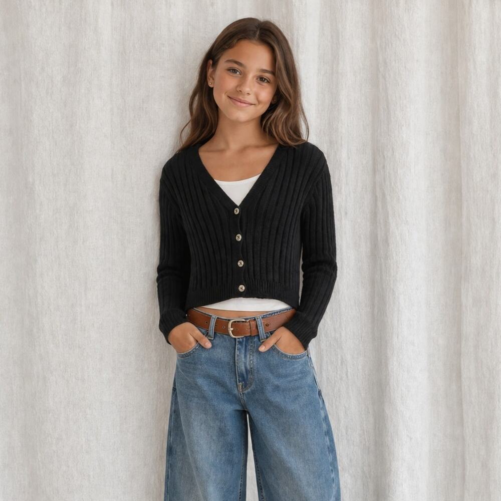 Art Class Girls Cropped Cardigan Ribbed Knit Button Front, Black Size L (10-12)